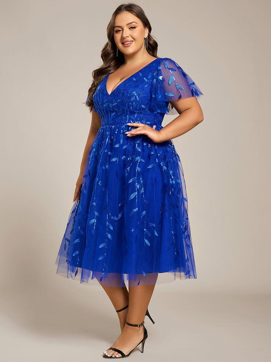 pretty SIMONE|Plus Size Leaf Sequin Tulle Midi Wedding Guest Dress