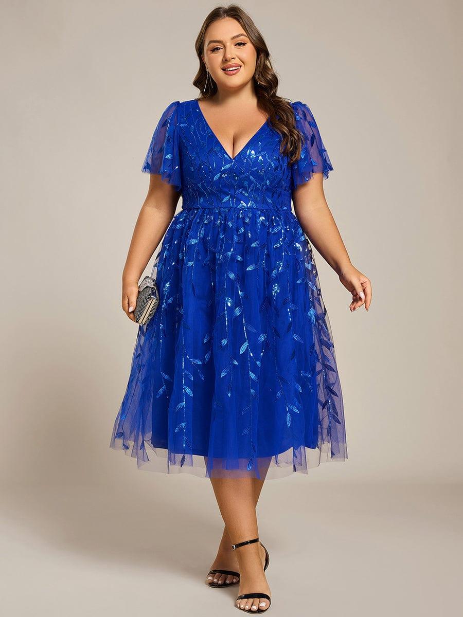 pretty SIMONE|Plus Size Leaf Sequin Tulle Midi Wedding Guest Dress