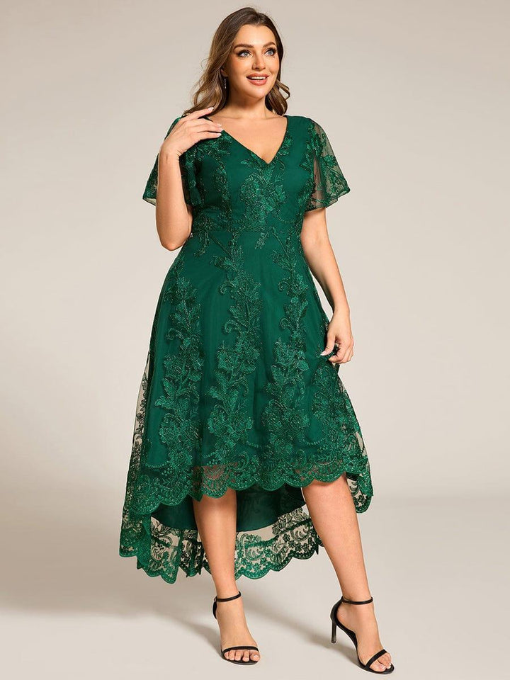 pretty TIDAL|Plus Size Embroidered Mesh High-Low Midi Wedding Guest Dress with Short Sleeves