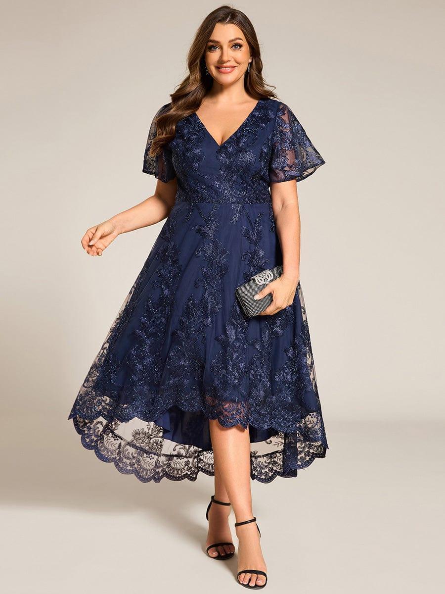 pretty TIDAL|Plus Size Embroidered Mesh High-Low Midi Wedding Guest Dress with Short Sleeves