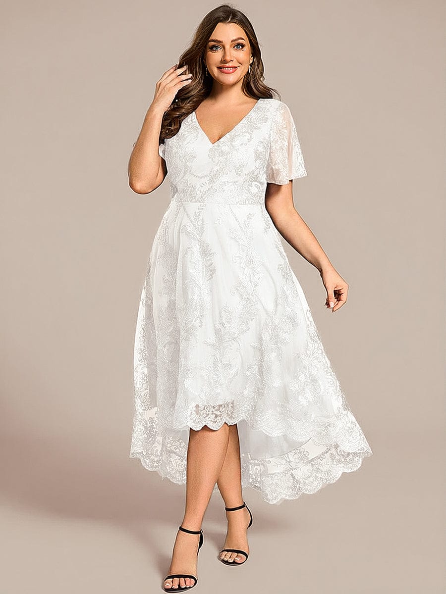 pretty TIDAL|Plus Size Embroidered Mesh High-Low Midi Wedding Guest Dress with Short Sleeves