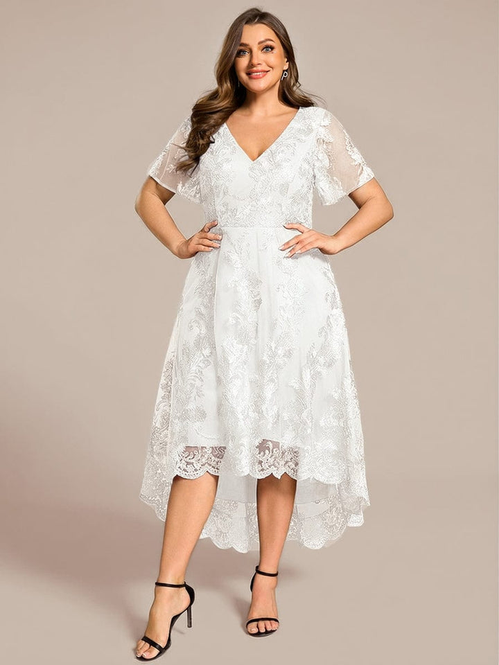 pretty TIDAL|Plus Size Embroidered Mesh High-Low Midi Wedding Guest Dress with Short Sleeves