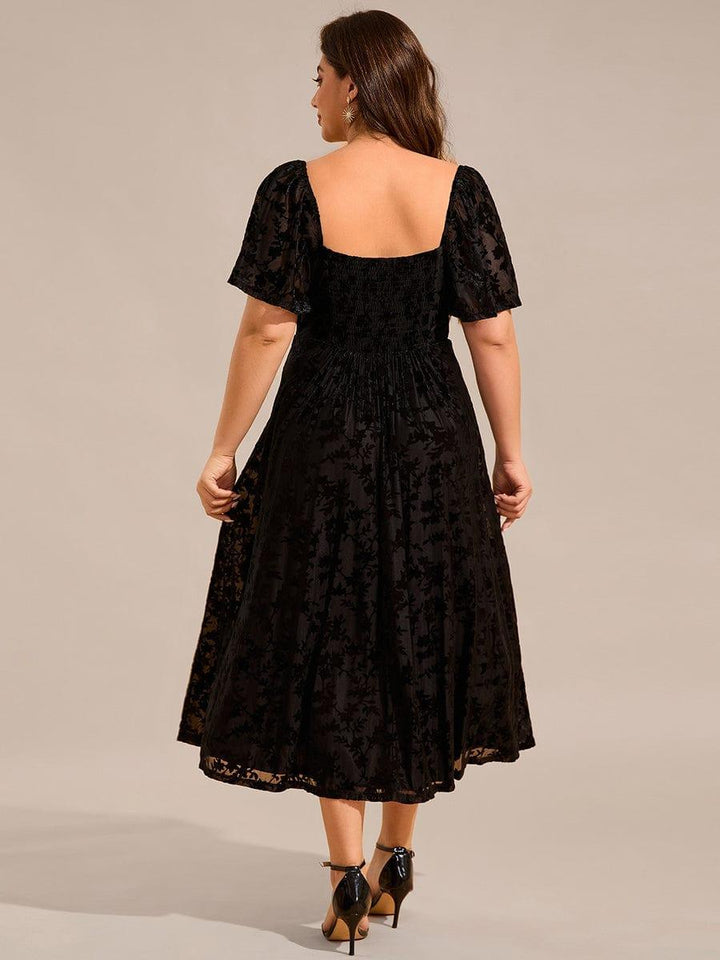 pretty BLOOM|Plus Size Velvet Short Sleeve Tea-Length Jacquard Wedding Guest Dress