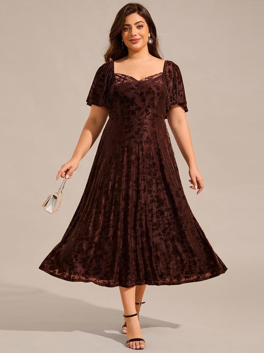 pretty BLOOM|Plus Size Velvet Short Sleeve Tea-Length Jacquard Wedding Guest Dress