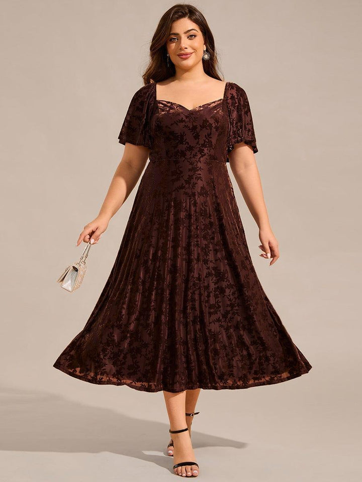 pretty BLOOM|Plus Size Velvet Short Sleeve Tea-Length Jacquard Wedding Guest Dress