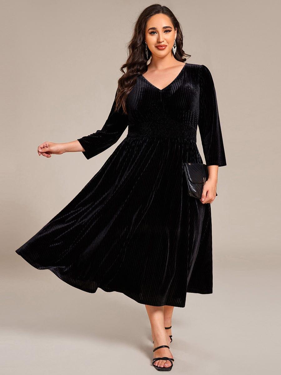 ever ARLET|Plus Size V-neck Long Sleeve Velvet A-Line Midi Wedding Guest Dress