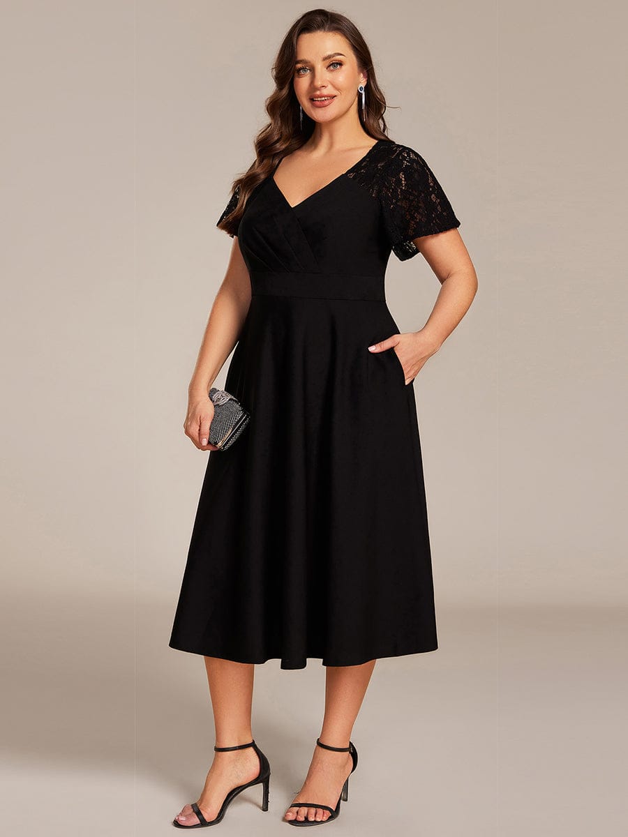 pretty EVIE|Plus Size Hollow Out Midi Wedding Guest Dress With Pockets