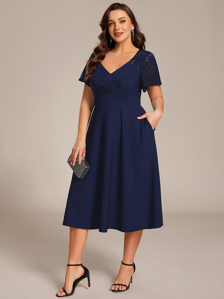 pretty EVIE|Plus Size Hollow Out Midi Wedding Guest Dress With Pockets