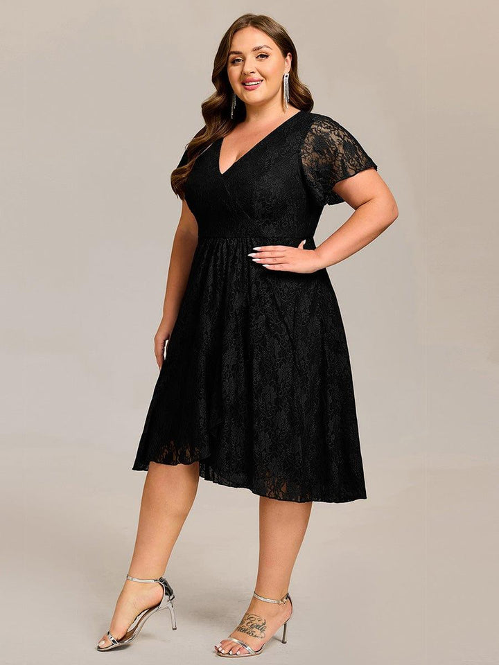 pretty PALOMA|Plus Size Lace Lotus Leaf Ruffles Sleeve Midi Wedding Guest Dress