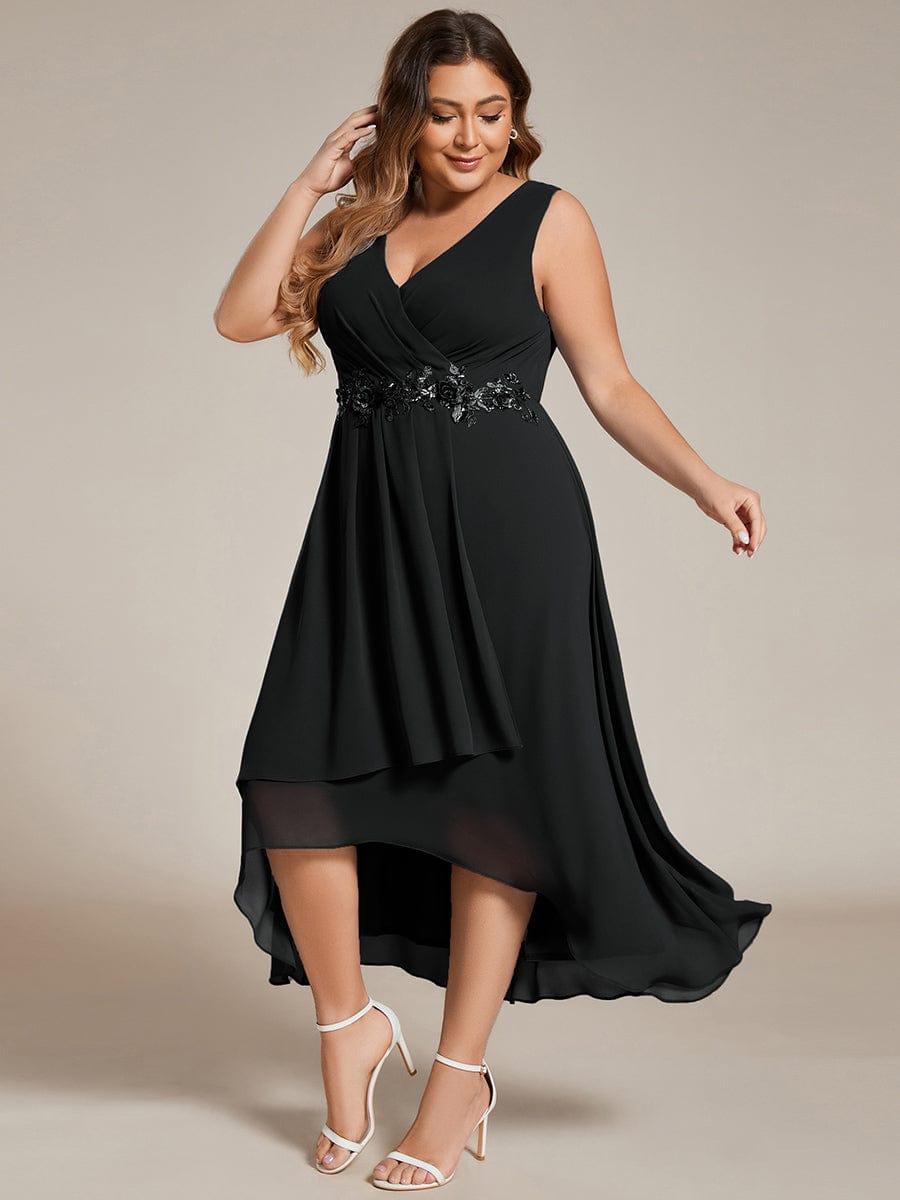 pretty IRYS|Plus Size Sleeveless Chiffon High-Low Wedding Guest Dress with Waist Applique