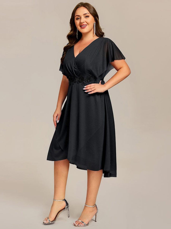 pretty DANNA|Plus Size Glitter Bat-Wing Applique Asymmetrical Hem Midi Weeding Guest Dress