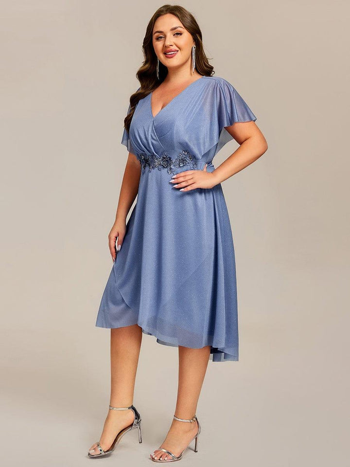 pretty DANNA|Plus Size Glitter Bat-Wing Applique Asymmetrical Hem Midi Weeding Guest Dress