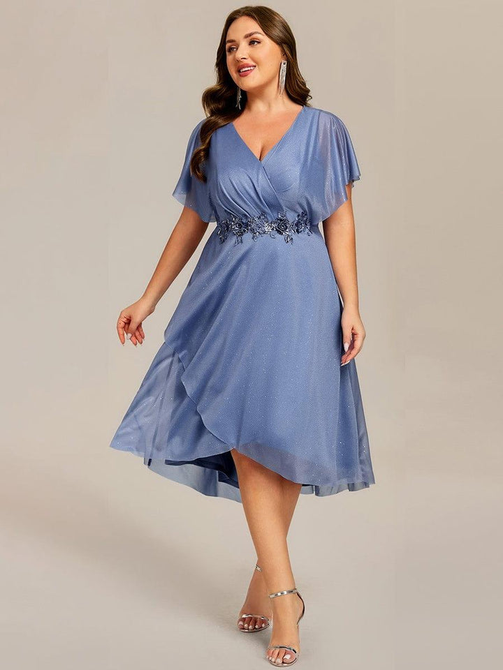 pretty DANNA|Plus Size Glitter Bat-Wing Applique Asymmetrical Hem Midi Weeding Guest Dress