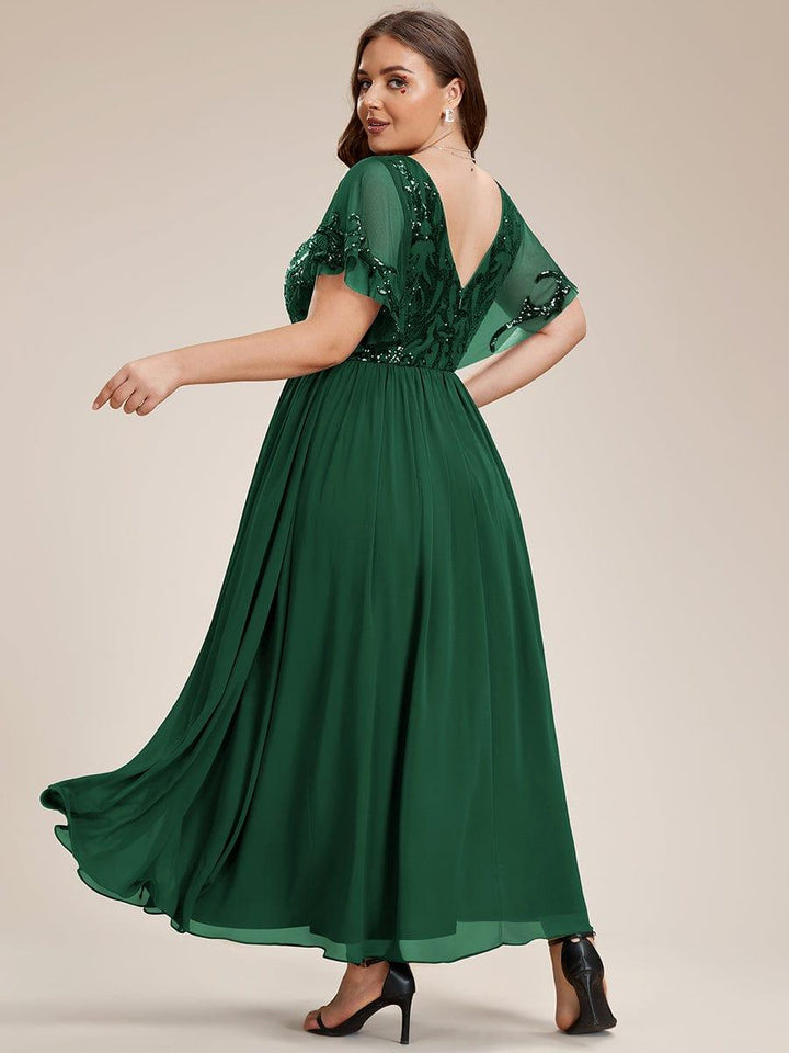 pretty HAZEL|Plus Size V-Neck Short Sleeve Sequin Bodice Mother of the Bride Dress