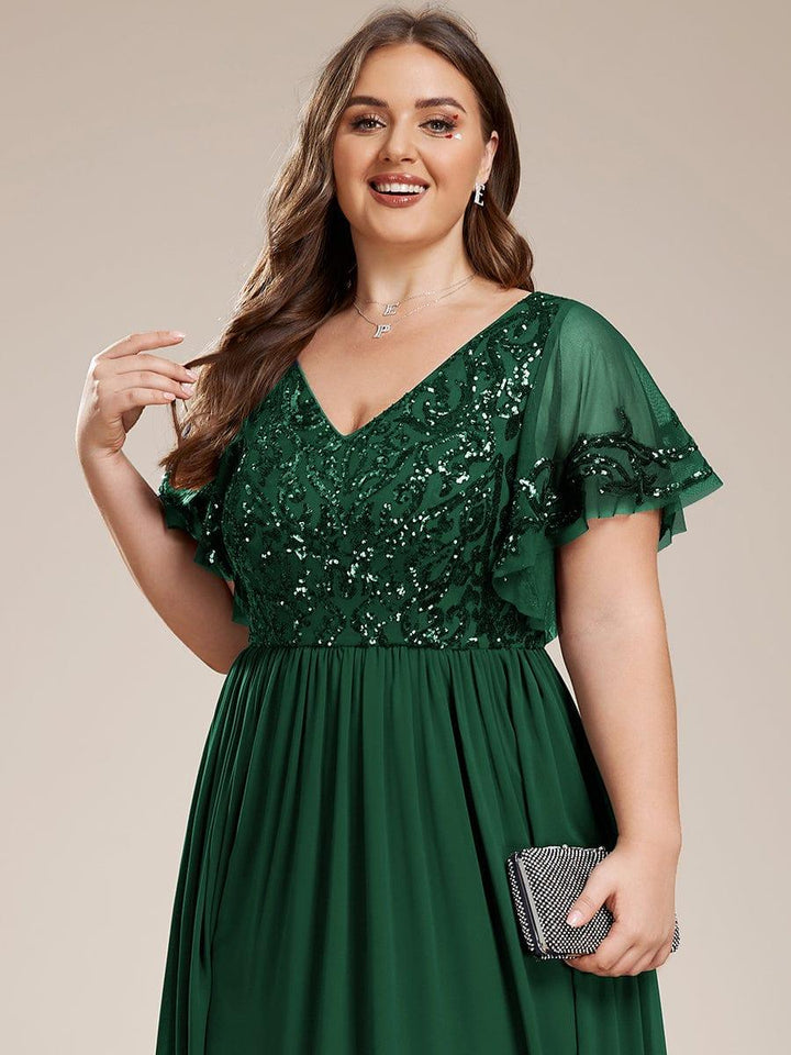 pretty HAZEL|Plus Size V-Neck Short Sleeve Sequin Bodice Mother of the Bride Dress