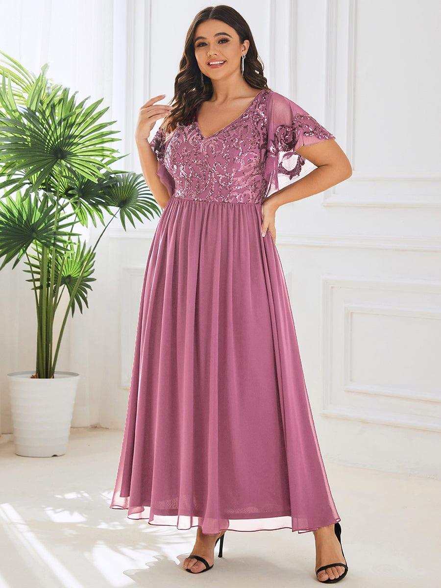 pretty HAZEL|Plus Size V-Neck Short Sleeve Sequin Bodice Mother of the Bride Dress