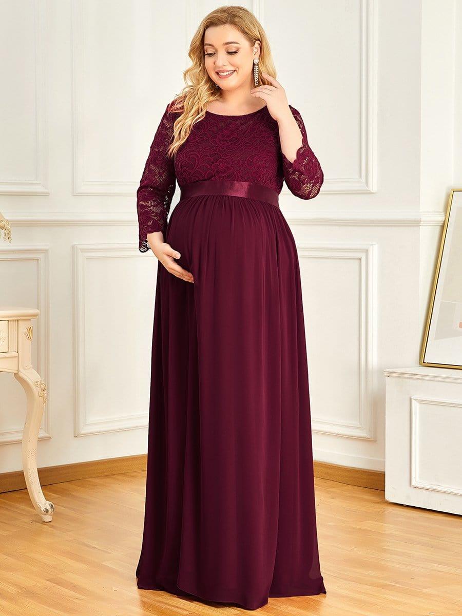 pretty KALANI|3/4 Sleeve Lace Floor Length Plus Size Maternity Dress