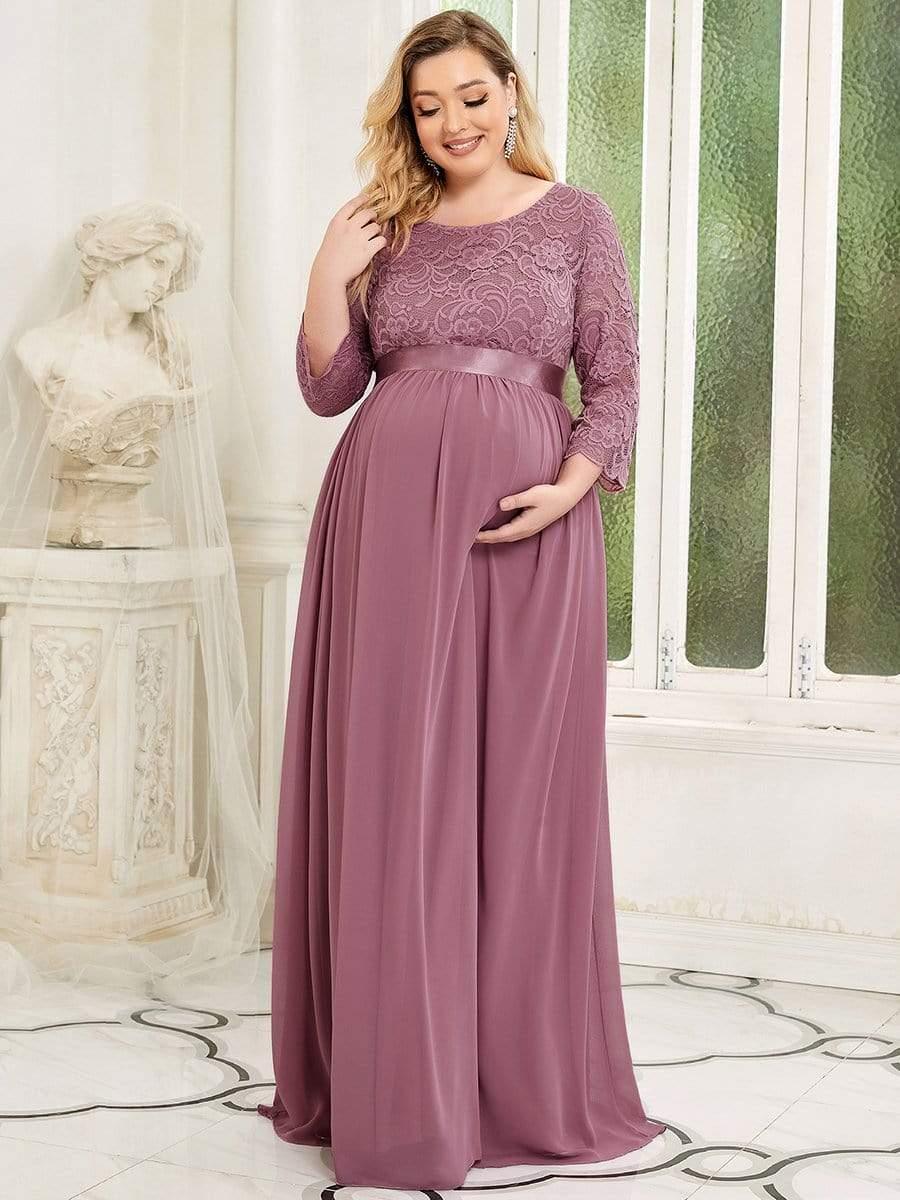 pretty KALANI|3/4 Sleeve Lace Floor Length Plus Size Maternity Dress