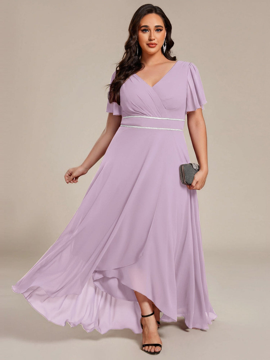 ever DAKOTA|Plus Size Chiffon Ruffle Sleeves Rhinestone Waist High-Low Wedding Guest Dress