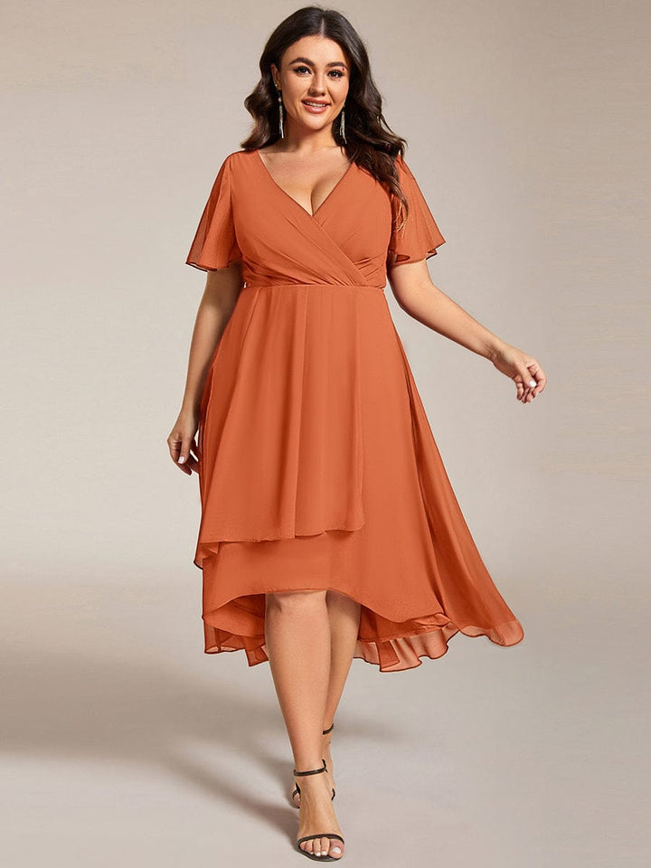 pretty LARK|Plus Size Chiffon Short Sleeve High-Low Wedding Guest Dress