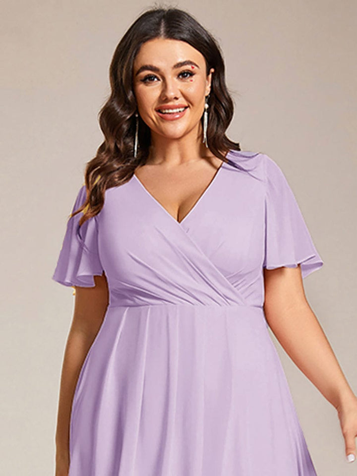pretty LARK|Plus Size Chiffon Short Sleeve High-Low Wedding Guest Dress