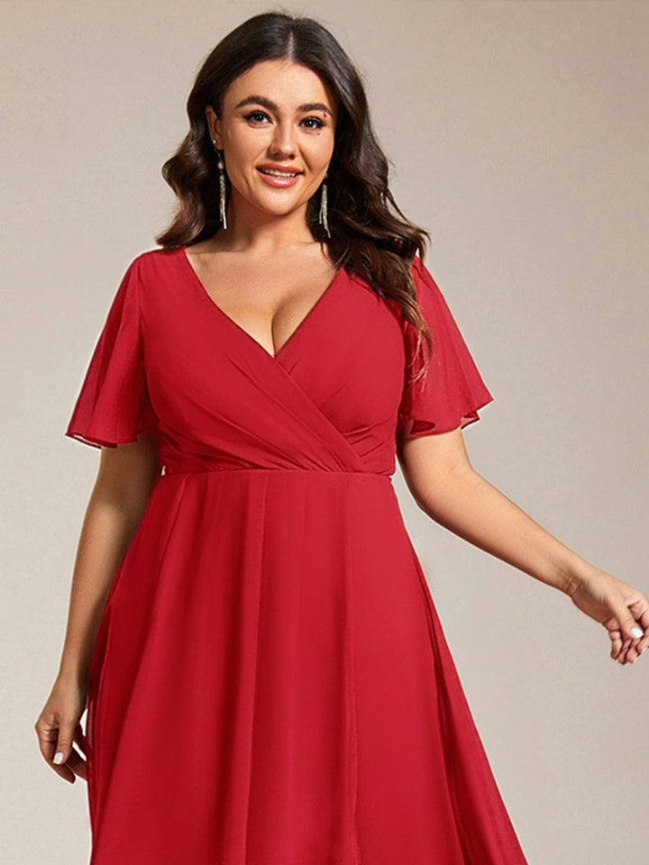 pretty LARK|Plus Size Chiffon Short Sleeve High-Low Wedding Guest Dress