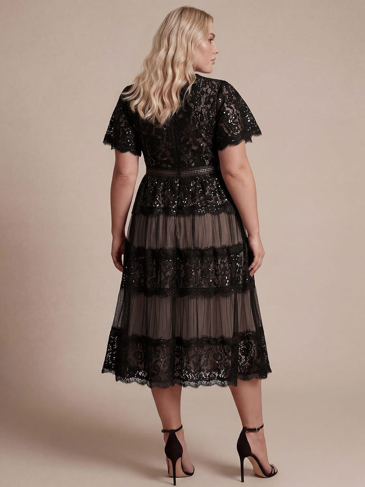 Plus Size Lace Ruffle Sleeve A-line Dress