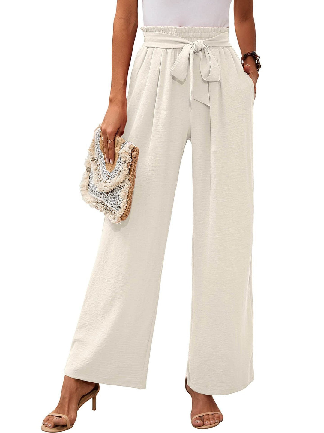 High Waist Wide Leg Pants Women Soft Tie Waist