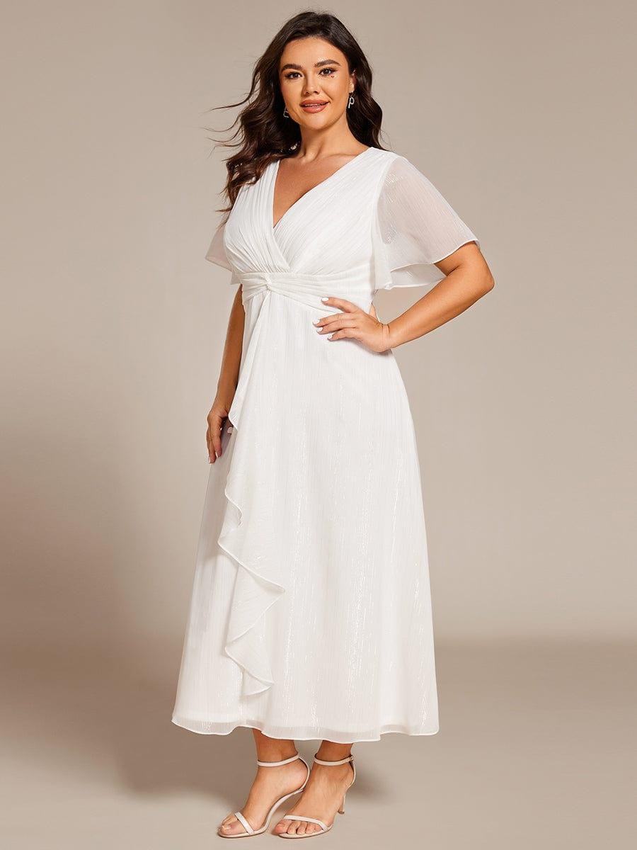 pretty OPAHL|Plus Size Glitter Short Sleeve A-Line Midi Wedding Guest Dress with Ruffled Hem