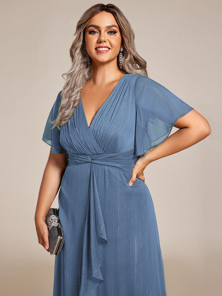 pretty OPAHL|Plus Size Glitter Short Sleeve A-Line Midi Wedding Guest Dress with Ruffled Hem