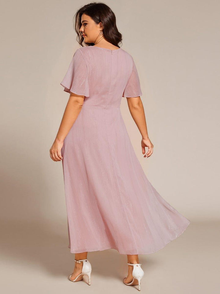 pretty OPAHL|Plus Size Glitter Short Sleeve A-Line Midi Wedding Guest Dress with Ruffled Hem