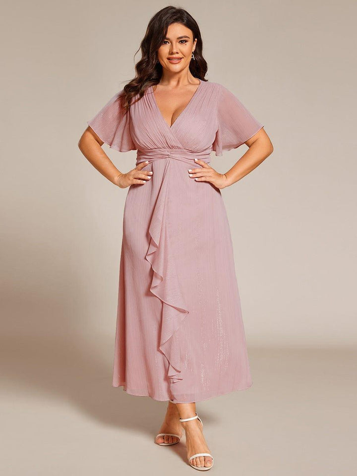 pretty OPAHL|Plus Size Glitter Short Sleeve A-Line Midi Wedding Guest Dress with Ruffled Hem