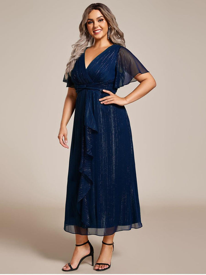 pretty OPAHL|Plus Size Glitter Short Sleeve A-Line Midi Wedding Guest Dress with Ruffled Hem