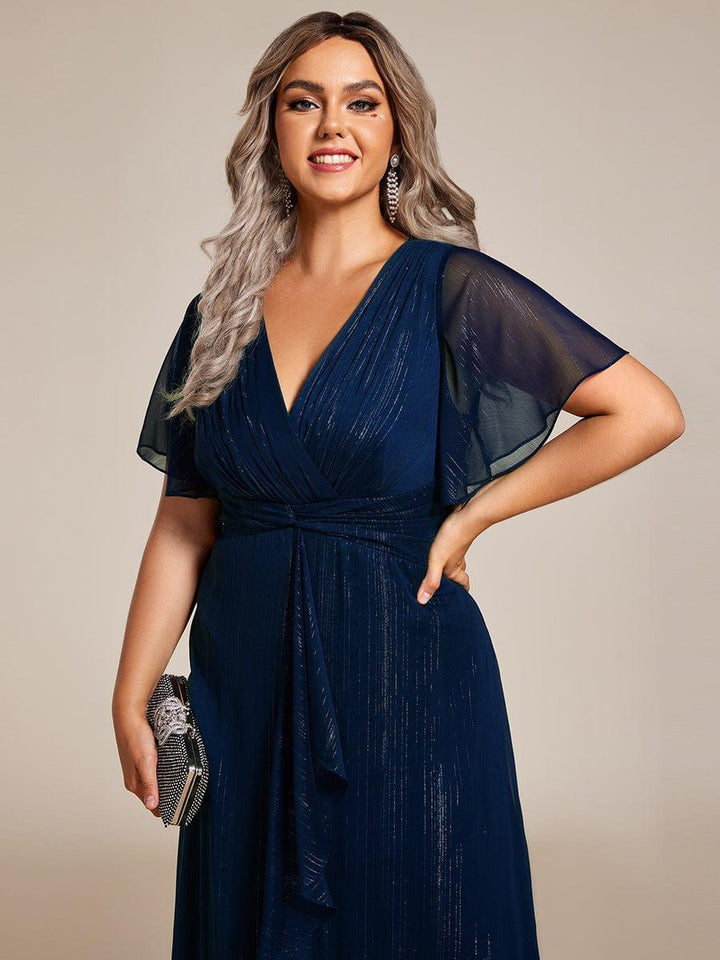 pretty OPAHL|Plus Size Glitter Short Sleeve A-Line Midi Wedding Guest Dress with Ruffled Hem