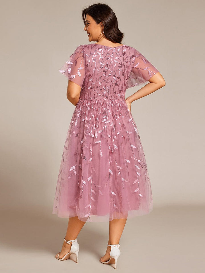 pretty SIMONE|Plus Size Leaf Sequin Tulle Midi Wedding Guest Dress