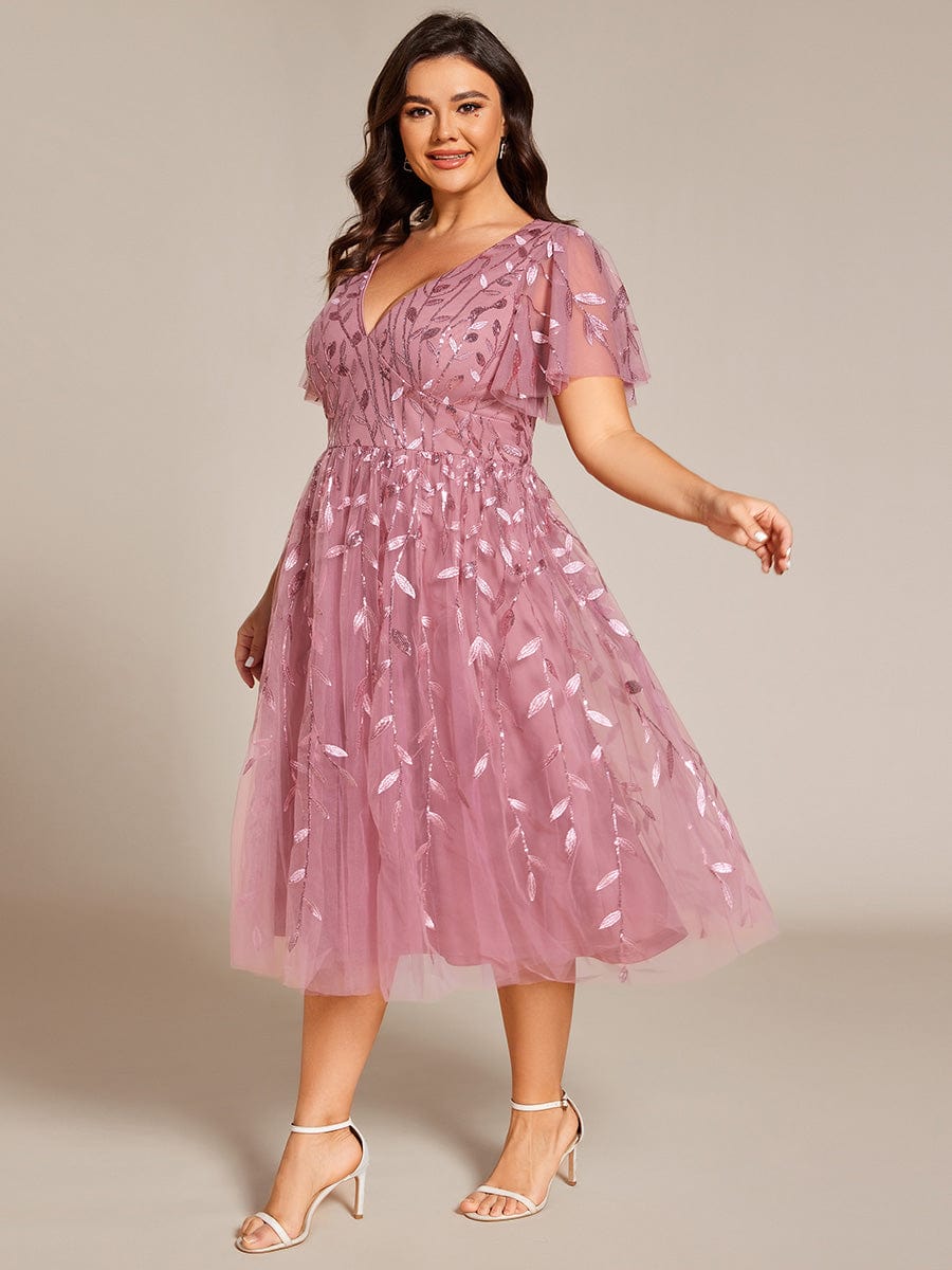 pretty SIMONE|Plus Size Leaf Sequin Tulle Midi Wedding Guest Dress