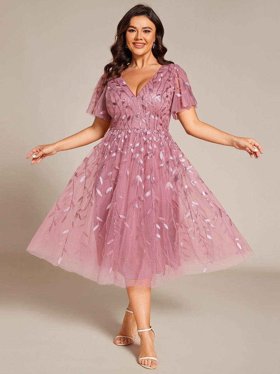 pretty SIMONE|Plus Size Leaf Sequin Tulle Midi Wedding Guest Dress