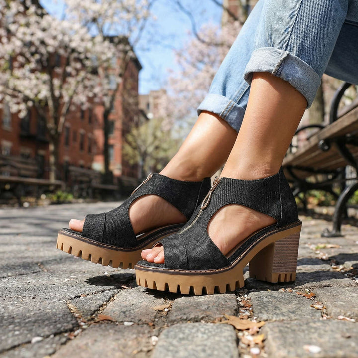 Larissa Zip-Front Denim Heels