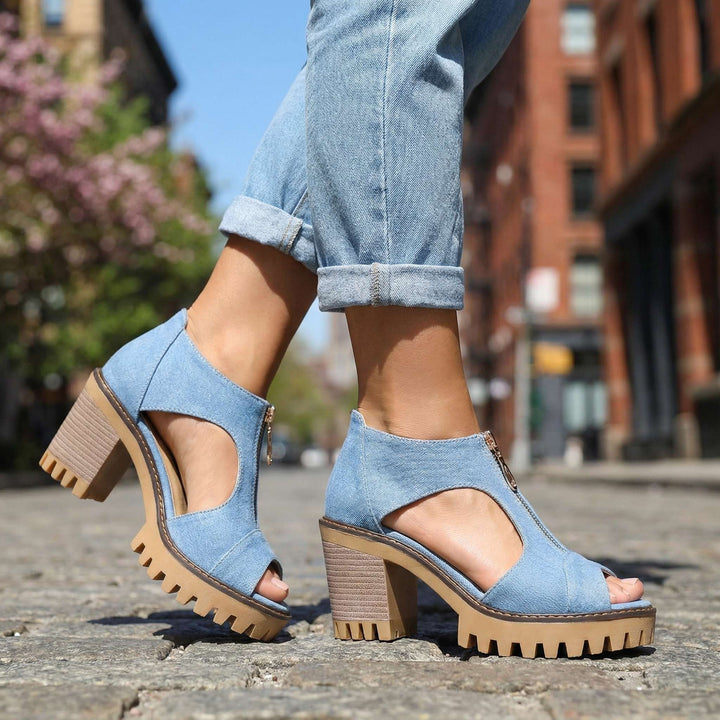 Larissa Zip-Front Denim Heels