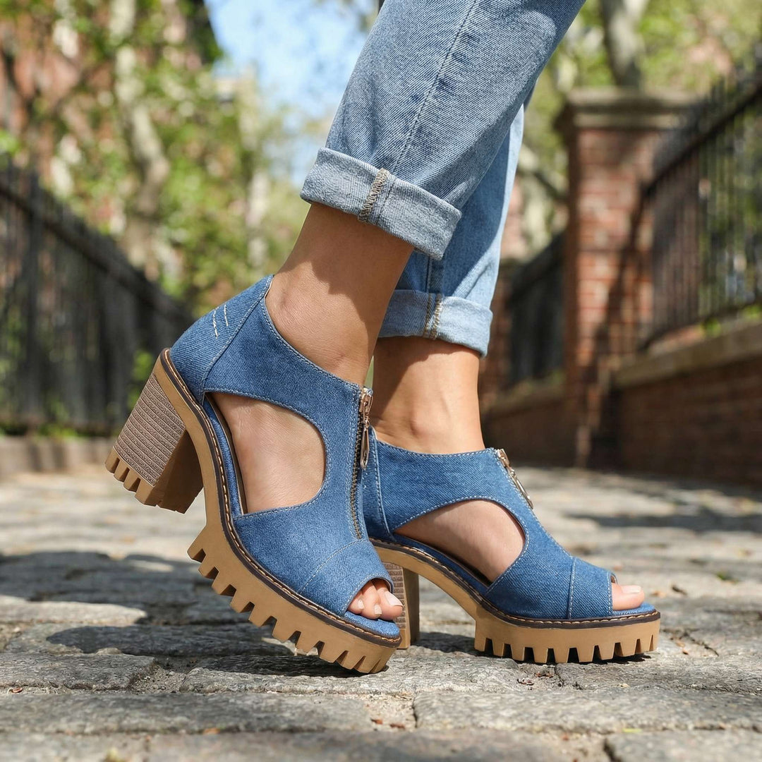 Larissa Zip-Front Denim Heels