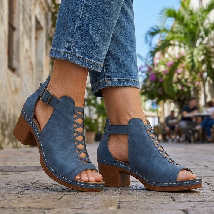 Sabrina Open-Toe Buckle Heels