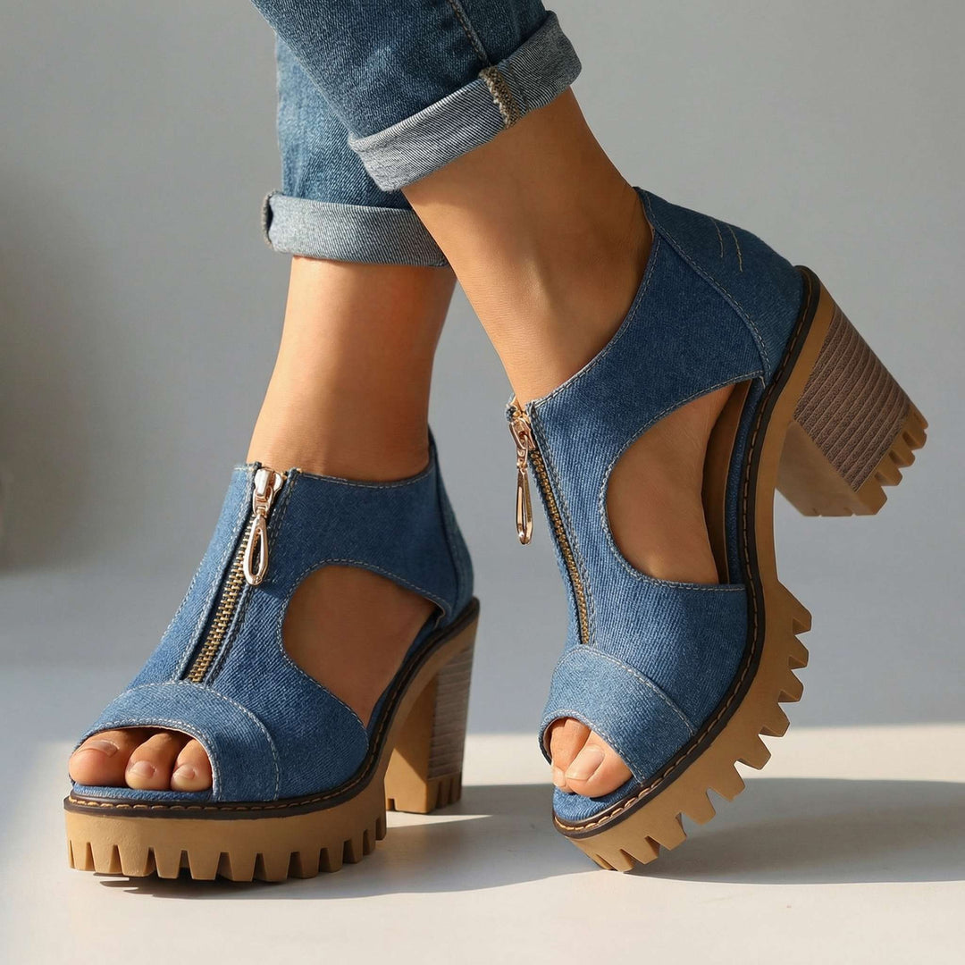 Larissa Zip-Front Denim Heels
